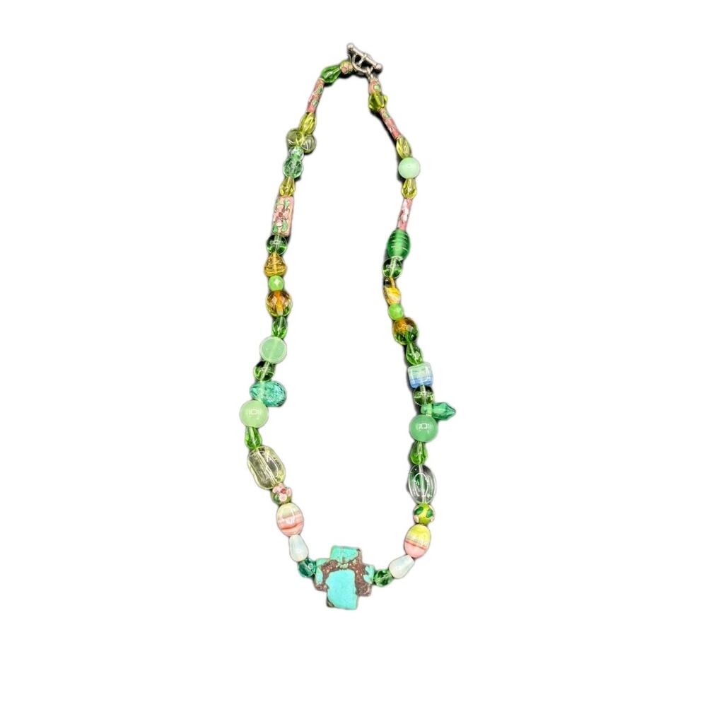 Vintage Turquoise Artisan Multi Glass Bead Uranium Necklace Glows